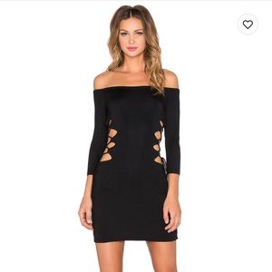 NBD X REVOLVE corset cut out tie up sides off the shoulder black mini dress